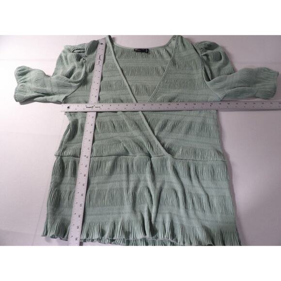 Asos Curve Design Sz 18 Top Blouse Shirt Crinkle Mint Green Deep V Puff Sleeve - Picture 9 of 13
